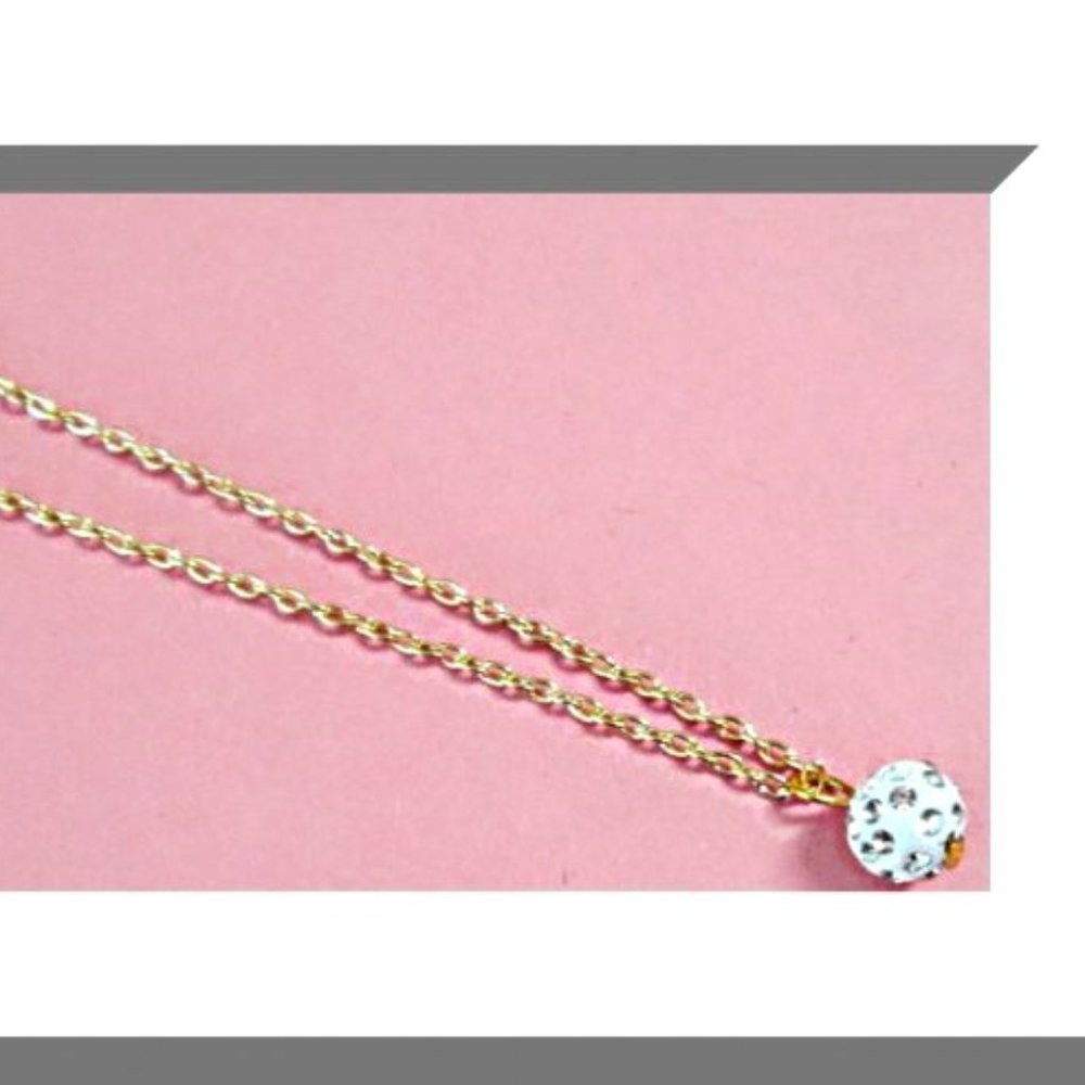 Gold Tone Necklace With White Ball Charm & Clear Crystals For Women/Teens